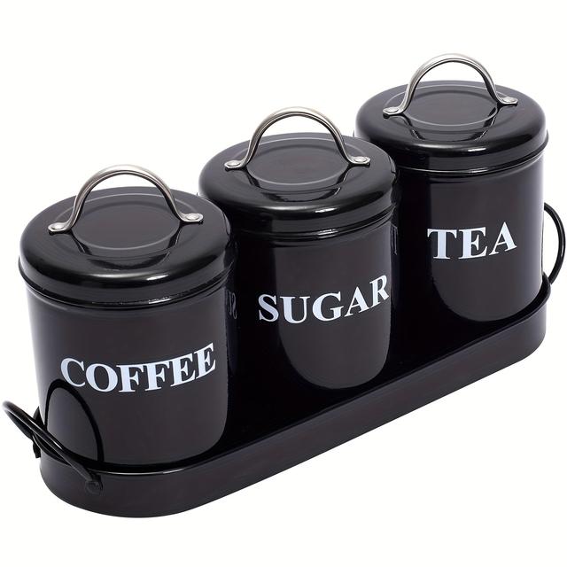 TEMU Tea Coffee Sugar Canisters, 3 Piece Kitchen Canister Set, Tea Sugar Coffee Canisters With Sealing Lid And Metal Tray, Metal Vintage Food Storage Jars For Coffee, Sugar, Tea, Black