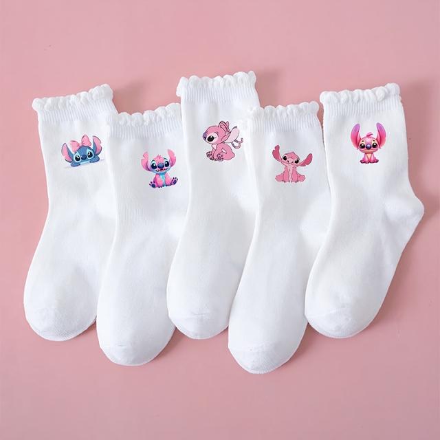 TEMU 1 Pair/5 Pairs Stitch Print Kids' Socks | Adorable Cartoon Pink, Stylish Soft And Skin-friendly, Casual Versatile White Lace-up, Suitable For Daily Wear, Festivals, , Back-to-, Sports, Parties