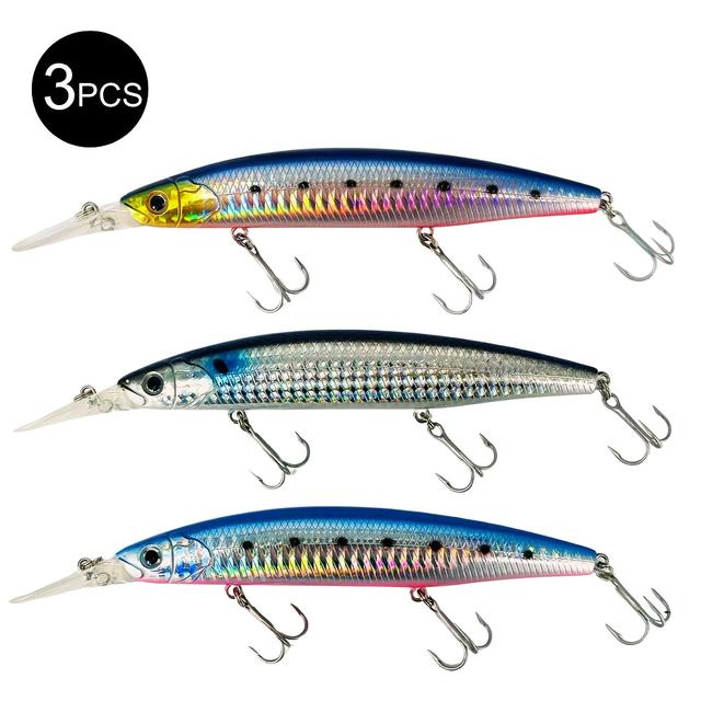 TEMU 3pcs Sinking Bionic Minnow Lure Set, 12cm/27.2g Long Casting Up To 80m, For Sea And , & Freshwater Fishing, Extra Gift 10pcs Double Cercle And 6pcs Swivels