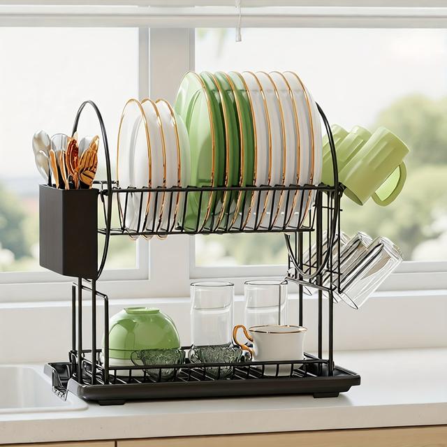 TEMU Dish Drainer, Black, 2-tier Dish Drainer Stainless Steel, Dish Drainer With Utensil Holder And Drip Tray, Dish Drying Rack Drainer