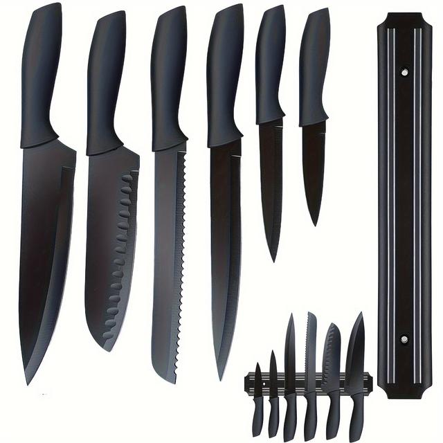 TEMU 7 darabos konyhakés készlet, professzionális séfkés készlet éles, magas széntartalmú rozsdamentes acélból kovácsolt pengével és ergonomikus nyéllel, fekete titán késkészlet mágneses késtartóval