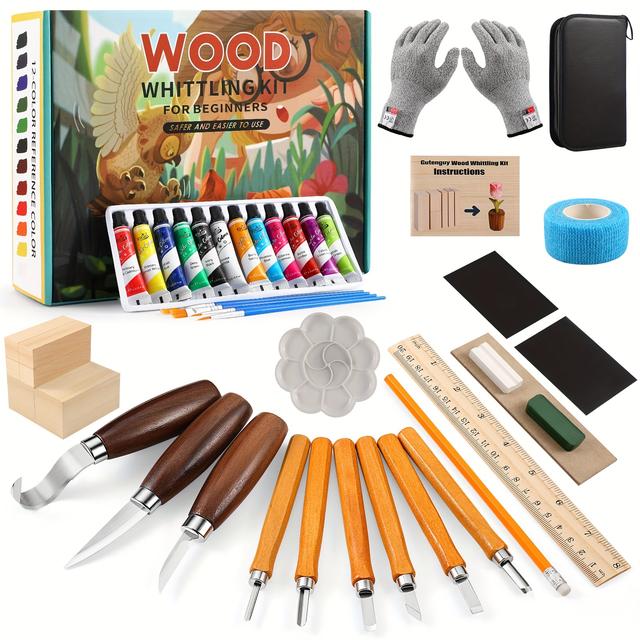 TEMU Wood Carving Kit, Wood Whittling Kit, Carving Knife Kit, 9pcs Wood Carving Knifves, 7pcs Wood Carving Blocks, 12 Colors Of Paint, Wood Carving Tools, Complete Wood Whittling Kit For Beginners