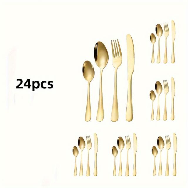TEMU Un juego de 24 piezas de cubiertos dorados de acero inoxidable, que tenedores, cuchillos y cucharas, ideal para en casa, apartamentos y cocinas.
