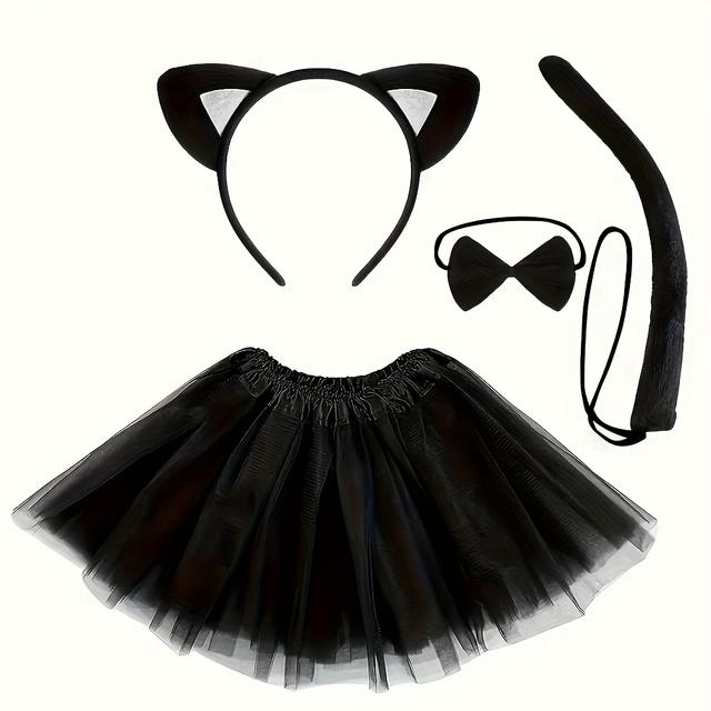 TEMU Zestaw 4 elementów z uroczym strójkiem w panterkę leopardową, zawierający tutu, ogon, muchę i opaskę na głowę, idealny do przebierania, na Halloween i imprezy tematyczne.