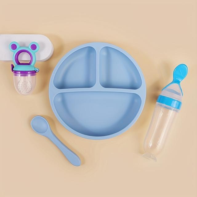 TEMU Customized Products 4pcs 100% Silicone Baby Feeding Set, Silicone Suction Cup, Led Weaning Set, Plate Spoon, Fruit Feeder, Christmas, Thanksgiving, Homecoming, Spring Festival Gifts