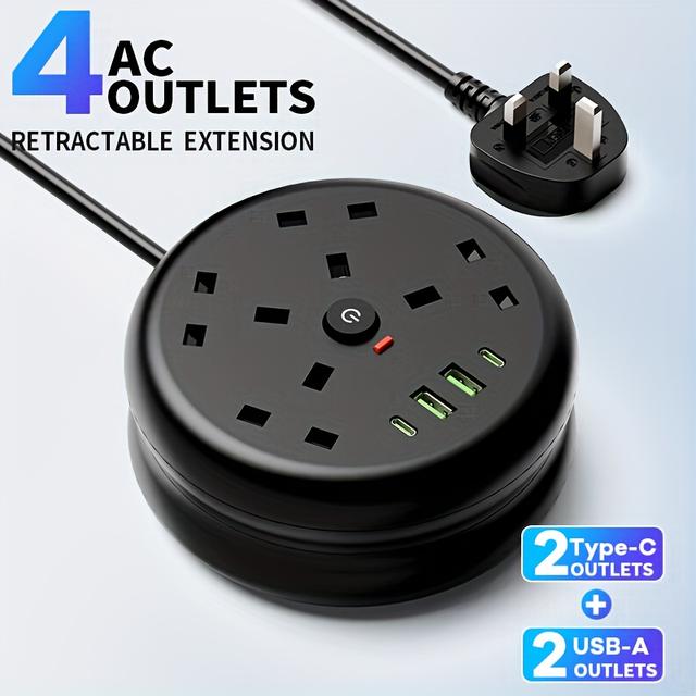 TEMU Power Socket Surge Protector, With A 1.8-meter Extendable Cable For Easy Portable Power Socket, Protection, 4 Ac Power Sockets, 4 Usb Ports, Suitable For Home, Kitchen, Office Or Hotel Use.