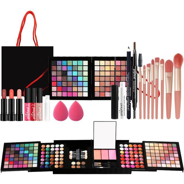 TEMU POPFEEL Set de Maquillaje con Paleta de de 177 Colores, Lápiz Labial, de Labios, Brochas y Esponja - Regalo de Halloween, Navidad y de Fiestas