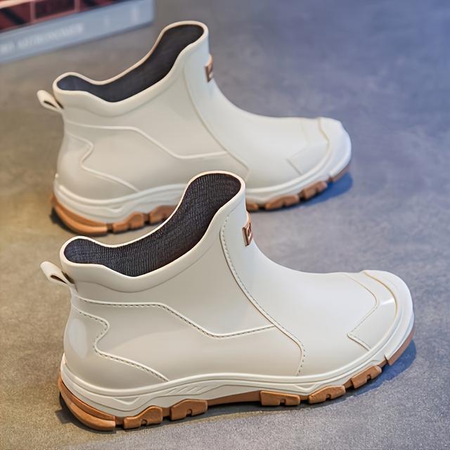 TEMU Women's Lightweight Eva Slip-on Rain Boots - High -style Ankle Boots With Red Sole Accents For Kitchen, Fishing, Car Washing & Outdoor Work (black), Ladies Low Heel Boots, Textured Grip Footwear