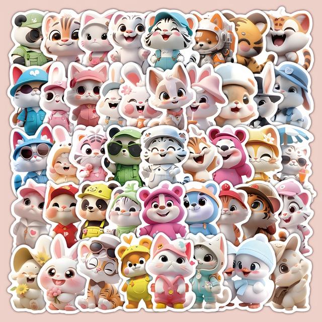 TEMU 50pcs Cute 3d Animal Stickers - Waterproof Vinyl Decals For Laptops, Water Bottles & Luggage - Cartoon Bunny & Tiger Designs