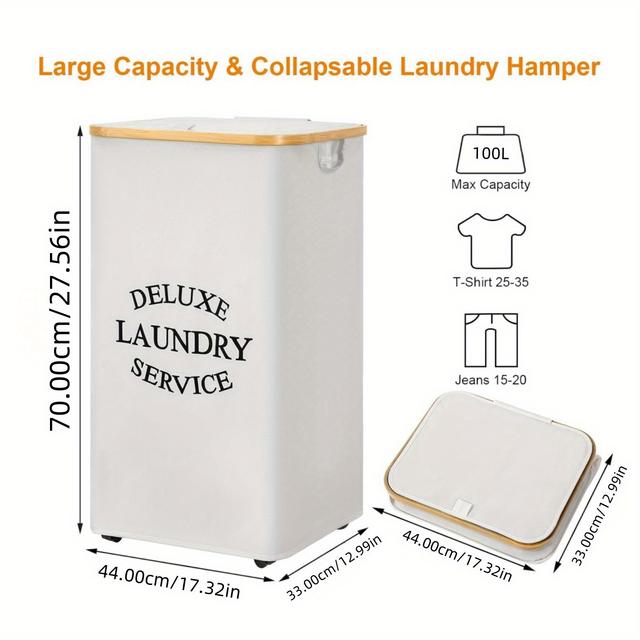 TEMU 1 Stück Große 26,42-Galonen-Faltbare Wäschekorb mit Rädern, Futter und Deckel - Premium-Stoff-Aufbewahrungsbehälter für Schlafzimmer, Wäscherei, Wohnzimmer, Wohnheim, Heimorganisation, Wäschekorb