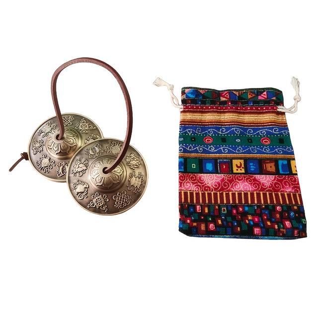 TEMU 2 ks Tibetské Tingsha Cimbálky - 6,5 cm Meditační Zvonky s Osmi Šťastnými Symboly a Taškou, Ruční Zvonkohra pro Léčení, Jógu a Perkuse