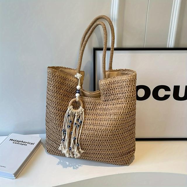 TEMU Fashionable Vacation-style Woven Bag, Large Capacity Tote Bag, With Evil Eye Tassel, Perfect For Beach, Travel, And Gifts