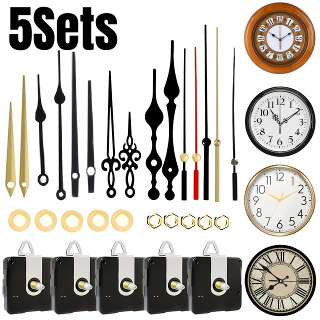 TEMU 5 مجموعات طقم إصلاح حركة ساعة كوارتز | أدوات وتقاطع قطع غيار آلية ساعة حائط بلاستيكية ومعدنية، تعمل بالبطارية (بدون قابس)