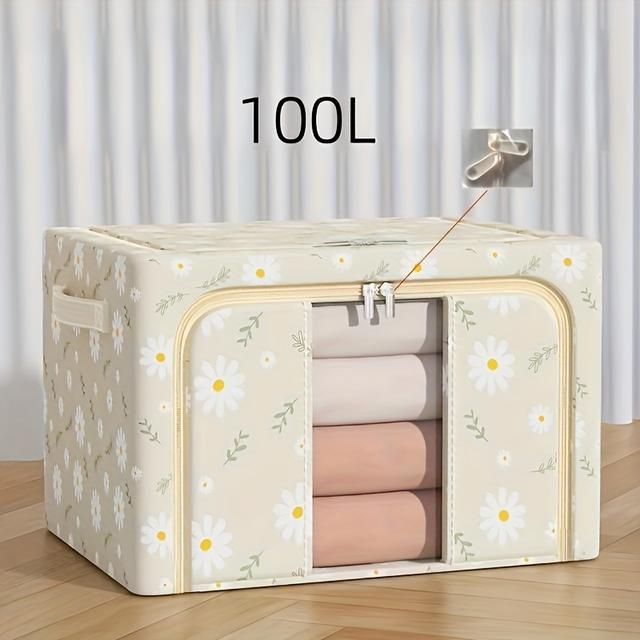 TEMU Box With Daisy Pattern | , Double Zippers, Foldable, Large Capacity For Clothes, Blankets, Down Jackets, Suitable For Living Room And Bedroom, Under-bed Storage