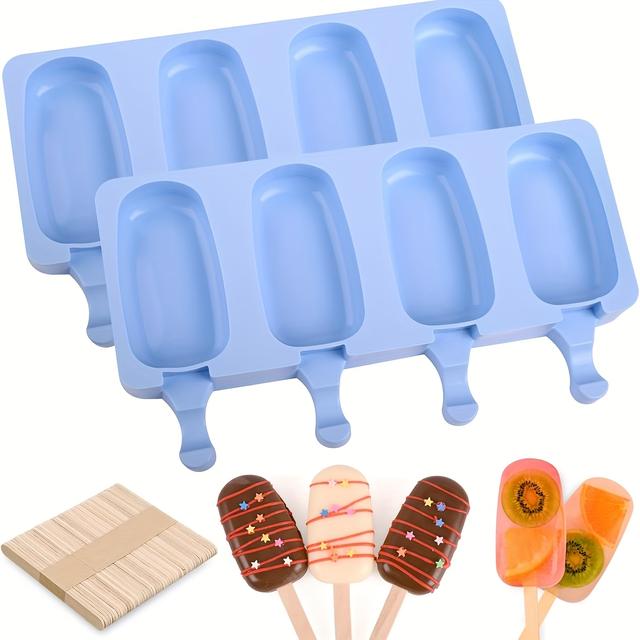 TEMU 5-teiliges Set – Eis am Stiel Silikonformen, 2x Eismaschinen mit 50 Holzstäbchen für Cake Pops, Ice Pop Kuchen-Eiskugeln (Standardgröße/Blau)