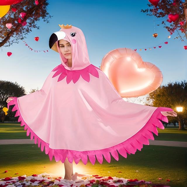 TEMU Ein Halloween-/Pinkes, niedliches Valentinstags-Flamingo-Kostüm-Accessoire mit Cape und Kapuze und goldenem Kronen-Design