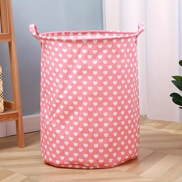 TEMU Large Storage Hamper, Coated Canvas Organizer Bin, Foldable Laundry Basket For Home Bedroom Clothes, Pink Polka Dots Design
