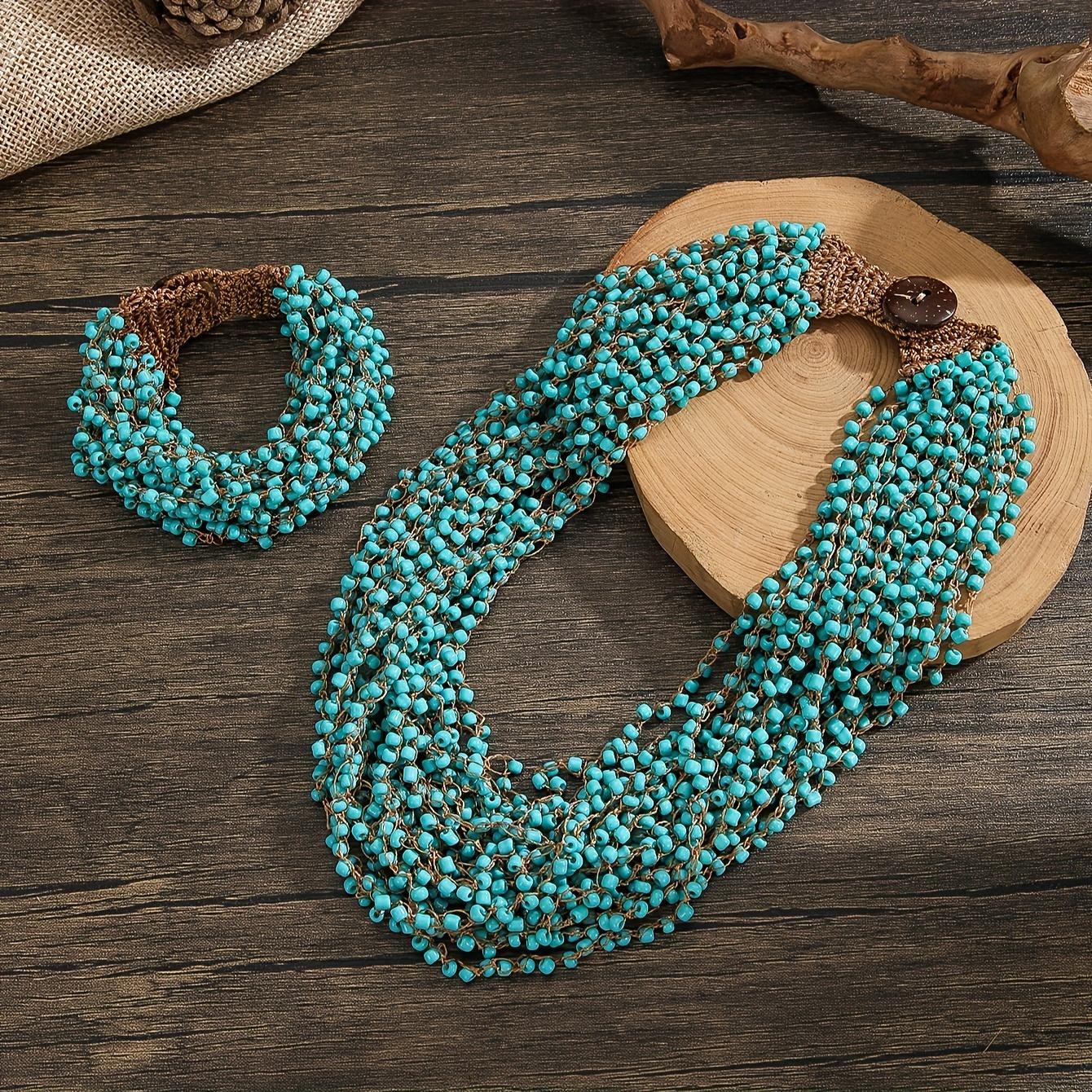 TEMU Handmade Beaded Crochet Necklace Bracelet Bohemian Style Fashion Green Neck Warmer Combination Set European And Style