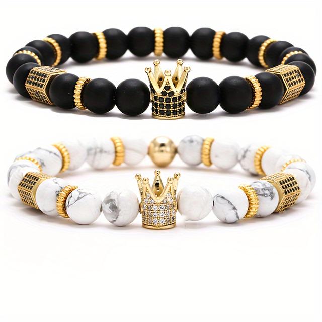TEMU 2 Pcs Of Black And White Natural 8mm Beaded Crown Bracelet For Men Fashion Men's Bracelet Set