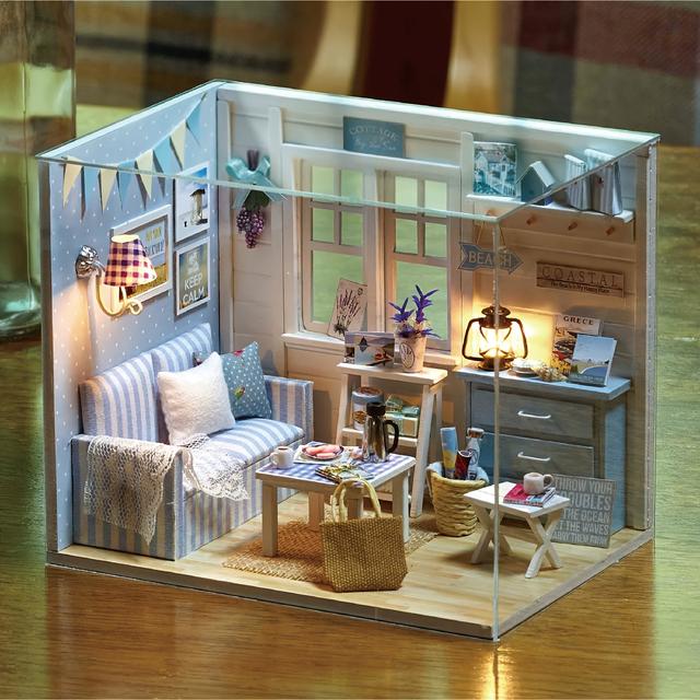 TEMU Handgefertigtes Dreidimensionales Modellhaus-Set für das Wohnzimmer, Holz-DIY-Bau-Szenen-Kleinhaus mit Möbeln, Exquisites Geburtstagsgeschenk Feiertagsgeschenk Ohne Kleber/Batterie