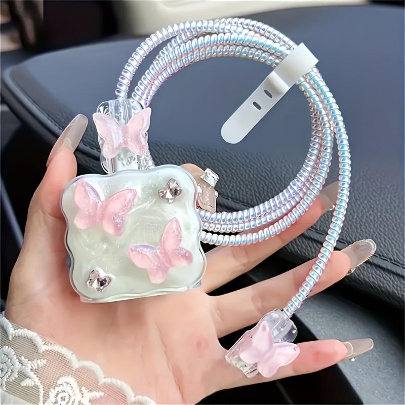 TEMU 5pcs -shaped Charging Cable Protection Set, Tpu Material Charging Cable And Charger Head Protector, With Decorative Butterflies