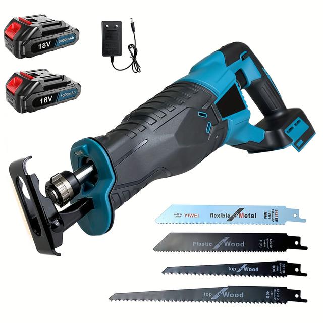 TEMU Cordless Handle Reciprocating Saw, 2 X 3.0ah Battery, 4pcs , 15mm Stroke, 180° Cutting Angle, Wood/metal/pvc