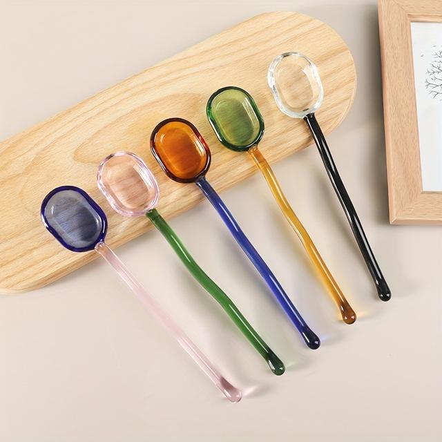 TEMU 5pcs Set Creative Colored Glass Dessert Spoons, High Aesthetic Value, Transparent Heat-resistant Coffee & Milk Stirring Spoons