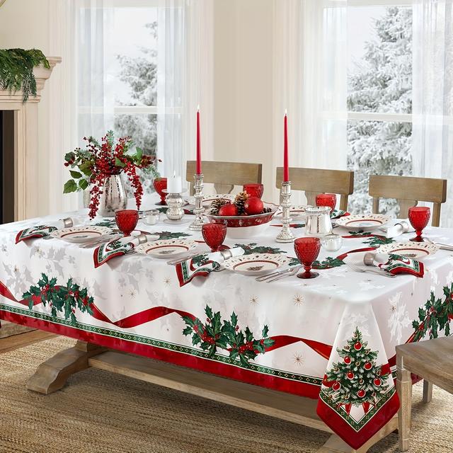 TEMU Pflegeleichte Weihnachtstischdecke - Festliches Feiertagsdesign, Perfekt für Essen & Neujahrspartys, Strapazierfähiges Polyester, Rechteckig, Weihnachtliche Tischdekorationen