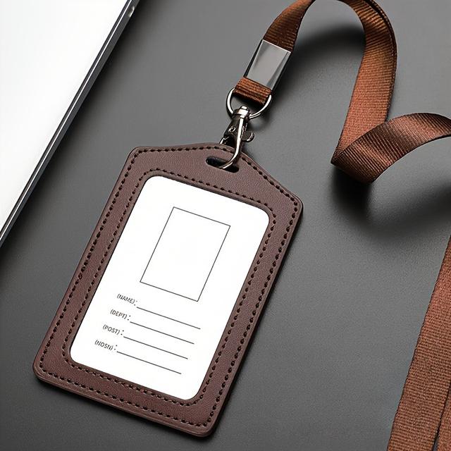 TEMU Professional Business Card Holder With Lanyard - Transparent Id Badge & Name Tag Case, Durable Cowhide Leather, Multiple Colors Available