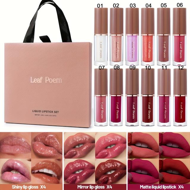 TEMU 12pcs Mirror Matte Lip Gloss & Lipstick Set - Long-lasting Waterproof & , Velvet Matte Texture, (light To Dark Brown/ To ) With - Wear, Sensitive Light Safe, Elegant Gift Box - For