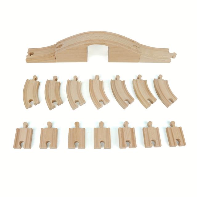 TEMU 17pcs Wooden Train Track Expansion Pack – Includes Wooden Bridge, Curved & Straight Tracks – Train – Compatible With Most