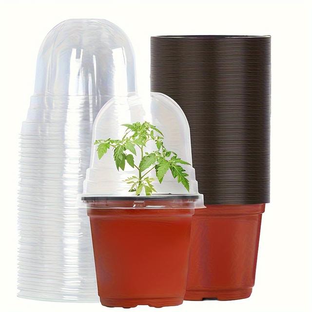TEMU 50pcs Gkkown Garden-style Nursery Pots With Humidity Domes, 4-inch Soft Plastic Planters With Drainage Holes & Clear Lids - Ideal For Seedlings, Indoor/outdoor Use, Planter Pots