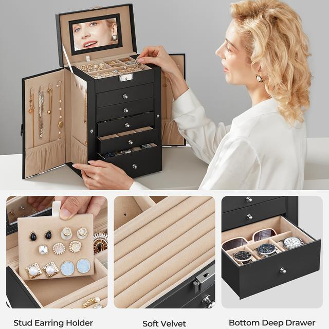 TEMU Songmics 6 Tier Jewelry Box, With Mirror, Jewelry Case With 5 Drawers, Large Storage Capacity, Lockable, Jewelry Storage Organizer, Gift For , For Watches, Black, Jewelry Boxes