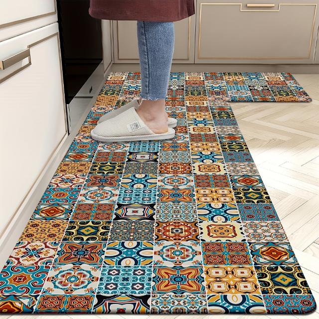 TEMU Bohemian Non-slip Kitchen & Bathroom Mats - Durable, Machine Washable Runner Rugs For Home, Office, Laundry - Comfortable & Lightweight Polyester Carpets In Sizes
