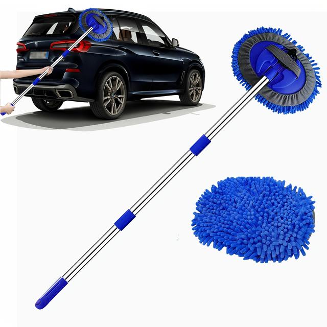 TEMU 47.5inch Microfiber Car Wash Brush Mop Set, Chenille Microfiber Sponge Duster No Paint Damage No Scratches, Long Handle Kit 2in 1 For Cleaning Cars, Trucks, Suvs, Rvs, Trailers, Boats