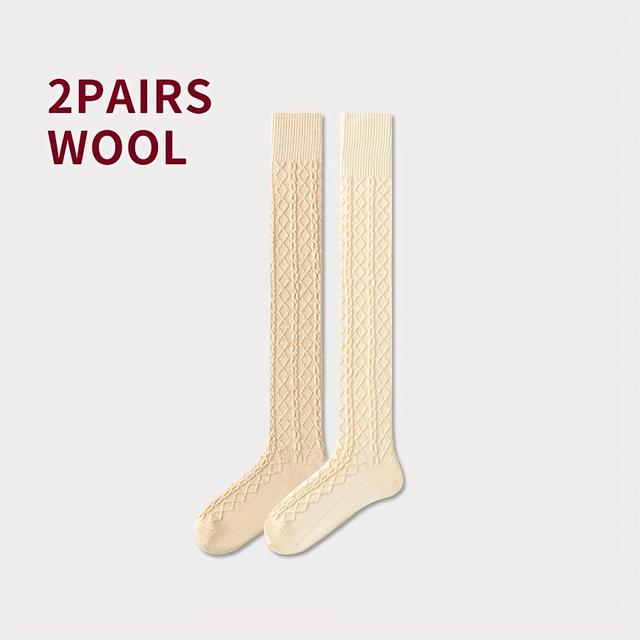 TEMU 2 Paar Woll-Über-Knie-Socken, Winterliche Dünne Fleece-Langstrümpfe für Damen, Vintage Twist-Design