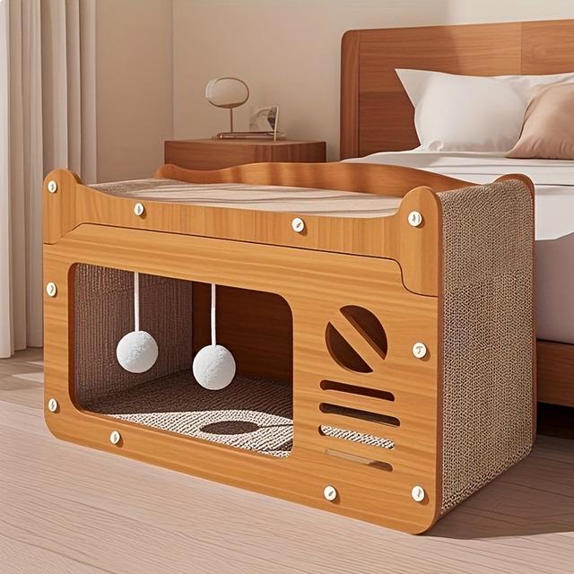 TEMU 2-in-1 Cat Bed & Scratching Post - Summer Cooling Large Cat House With Ventilation Slots, Durable No-shed Material, Wall-mounted Space-saving Design For Indoor Cats, Pet Beds For Cats