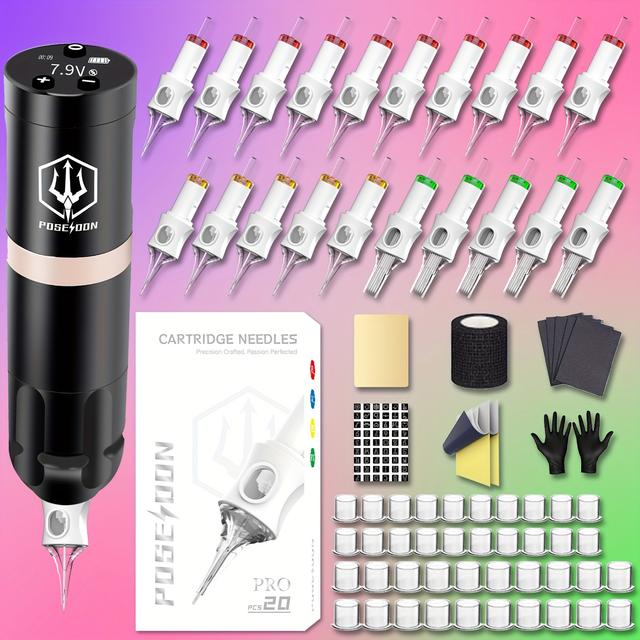 TEMU Poseidon Wireless Tattoo, Wireless Tattoo Kit, Tattoo Kit With Tattoo Power Supply And 20pcs Tattoo Cartridge Needles, Complete Tattoo Kit Tattoo Supplies For Beginners