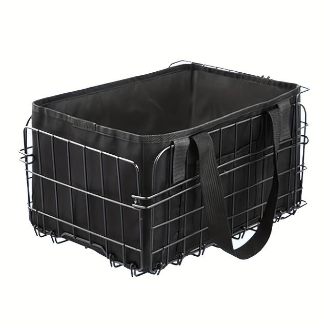 TEMU 1pc Large Folding Bike Basket With Removable Liner Bag, Quick Release Metal Frame Bicycle Basket For Front/rear, Durable Iron Material, Black, Cycling Accessories