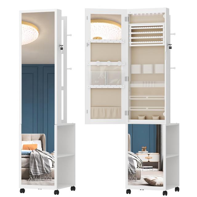 TEMU Sieradendoos met LED-spiegel, inclusief een kledingrek, een afsluitbare spiegel op wielen van de lengte, opbergplanken met haken, en een ontwerp in wit en beige, sieradendozen