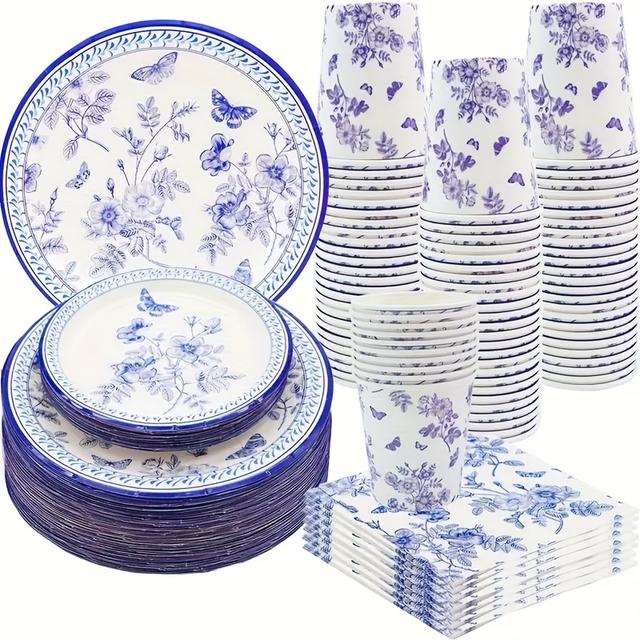 TEMU Set Of 80 Blue And White Floral Party Supplies Including -themed Paper Plates, Cups, Napkins, And Tableware, Perfect For Bridal Showers, Weddings, , And Spring Birthday Celebrations