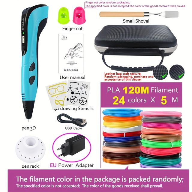 TEMU 3d Printing Pen Set With Case, Featuring 24 Colors Of Pla Filament, A Pen Holder, A Spatula, Finger Caps, Three-speed Settings, And A European Power Adapter