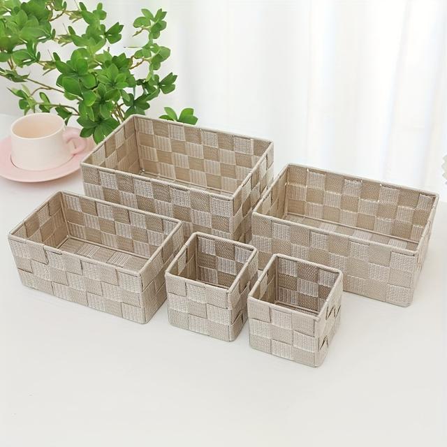 TEMU 5pcs Storage Basket Set For Home Organization, Suitable For Cosmetics And Stationery, Woven Baskets For Miscellaneous Items, Rectangular Snack Boxes For Small Item Storage, Shelf Baskets