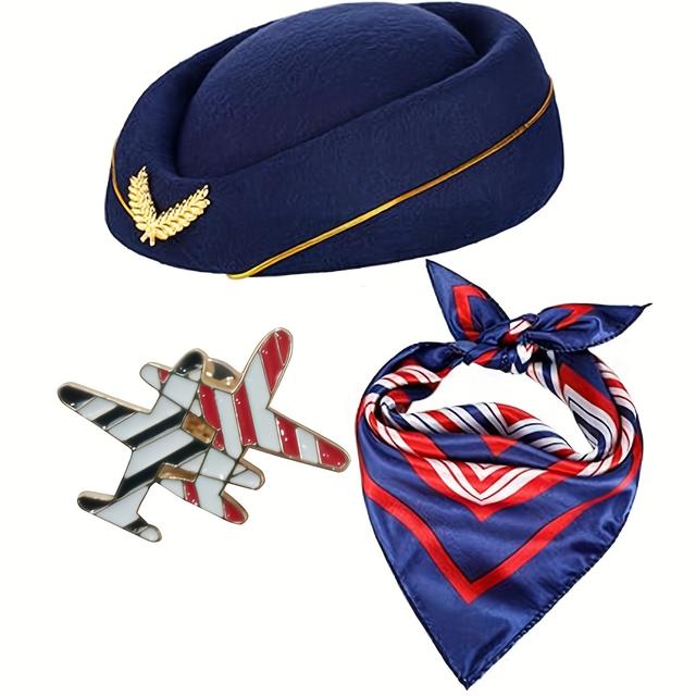 TEMU 3pcs Women's Vintage Anime Stewardess Costume - Flight Uniform Accessories With Hat & Scarf For Airline Cosplay, Halloween, Themed Parties - Retro Aviation Outfit For Anime & Dress-up Events