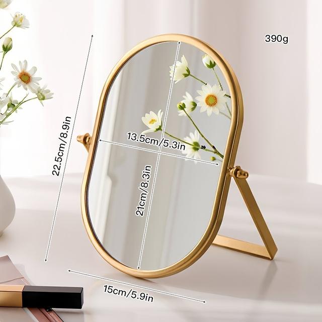 TEMU Espejo de Maquillaje Plegable, Ángulo Ajustable y Rotación 360° - Espejo de Tocador Ovalado Portátil para Viajes, Dormitorio y Baño, Base Antideslizante en Dorado/Plateado/