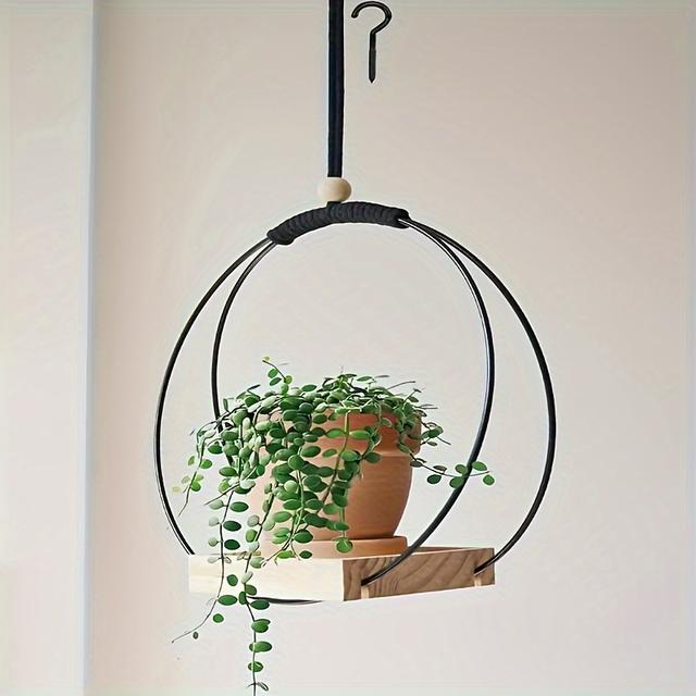 TEMU Bohemian Macramé Plant Hanger With Wooden Base - Suitable For Wall, Window, And Room Decorations - Durable And Versatile - No Planter Or Plant Included - Material: Iron