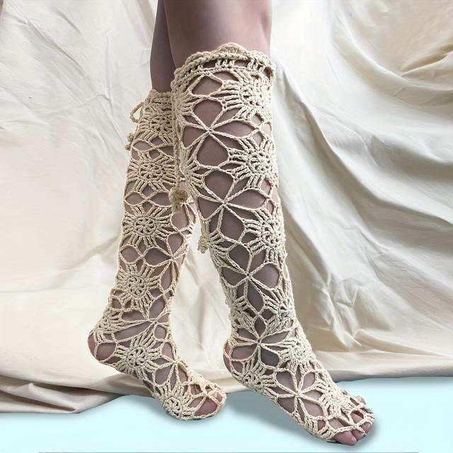 TEMU A Pair Of Women's Forest-style Openwork Crochet Floor Socks With Calf Decoration