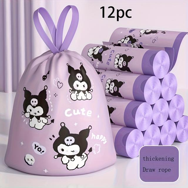 TEMU A Roll Of 12 Portable Trash Bags Featuring For Kuromi Cartoon Design, Capable Of To 10 Kg, Suitable For 0-10l Usage, Thickened Drawstring Trash Bags, Ideal For Storage And Home Use.