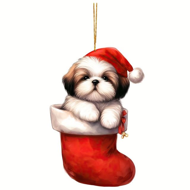 TEMU Pingente de Cachorro em Meia de Natal para Pendurar - Charme de Acrílico 2D para Espelho Retrovisor de Carro, Acessório de Chaveiro para Mochila, Decoração para Casa, Ideal para o Natal
