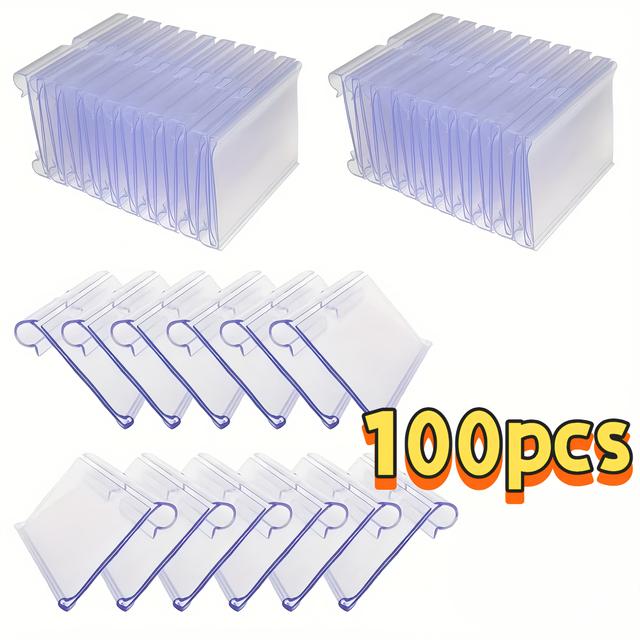 TEMU 100pcs Transparent Pvc Reusable Label Holders With Blue Hooks - Durable Clear Plastic Organizer For Price Tags, Store Labels - Ideal For Retail Stores, Supermarkets, Offices & Home Use